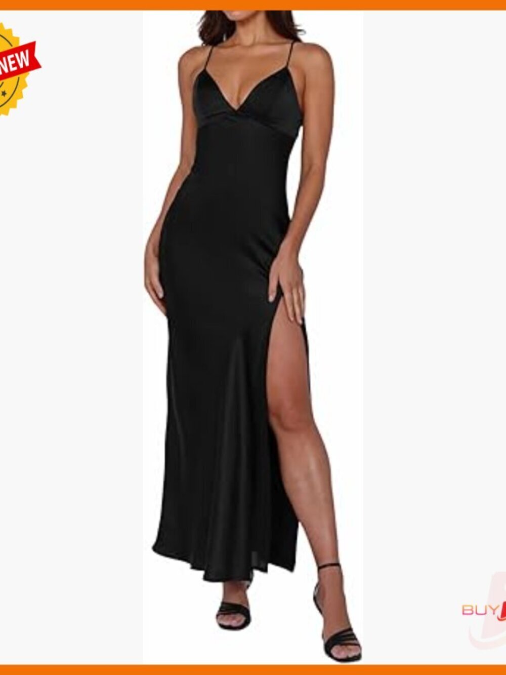 Satin Backless Maxi Dress with Spaghetti Straps and Thigh Slit Formal